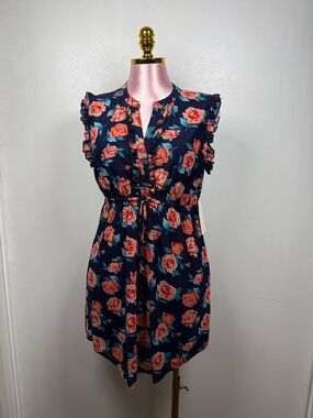 Siren Lily Maternity Floral Dress Size M Navy Rose Print Ruffle Sleeve Tie Waist
